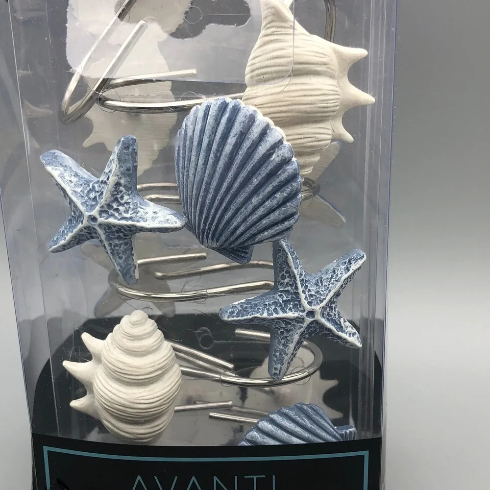 Avanti Home Abstract Coastal Shower Curtain Hooks Set of 12 Blue‎ White Beach